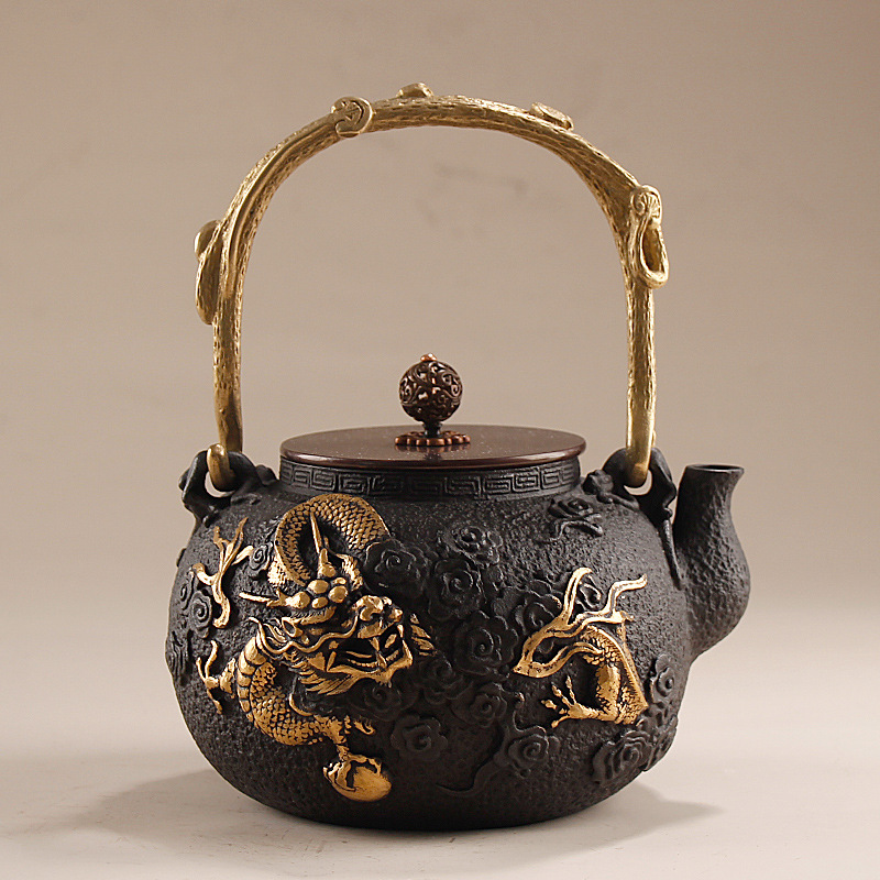 Cast Iron Tetsubin - กาน้ำชาเหล็กหล่อ 1.2 ลิตร/กาน้ำชากงฟู่พร้อมลวดลาย, ของขวัญธุรกิจระดับไฮเอนด์, สไตล์จีนย้อนยุค, งานแฮนด์เมด,