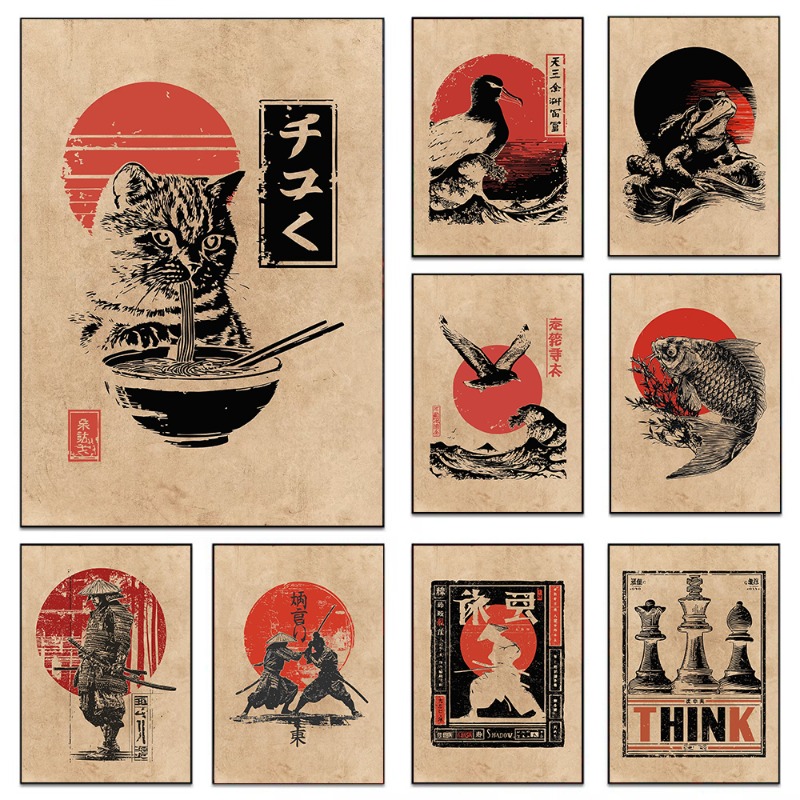 Japanese Lifestyle Gifts - ภาพวาดบนผ้าใบแนววินเทจ: ปลาคาร์ปญี่ปุ่น กบ แมว กินราเมน ซามูไรดวลกัน
